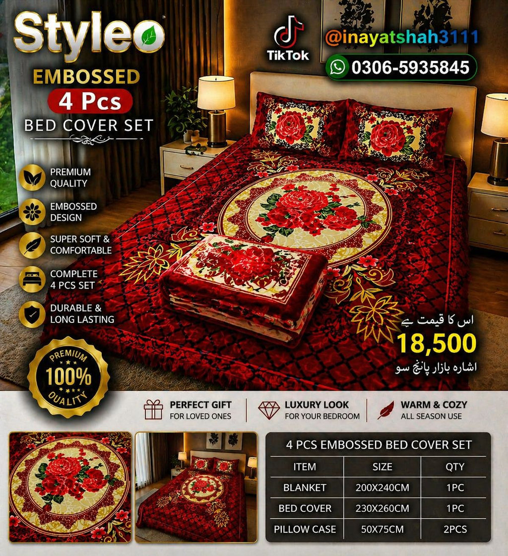 Styleo 4PCS Embossed Bed Cover Set – Luxury Grey Floral Velvet Bedding Set