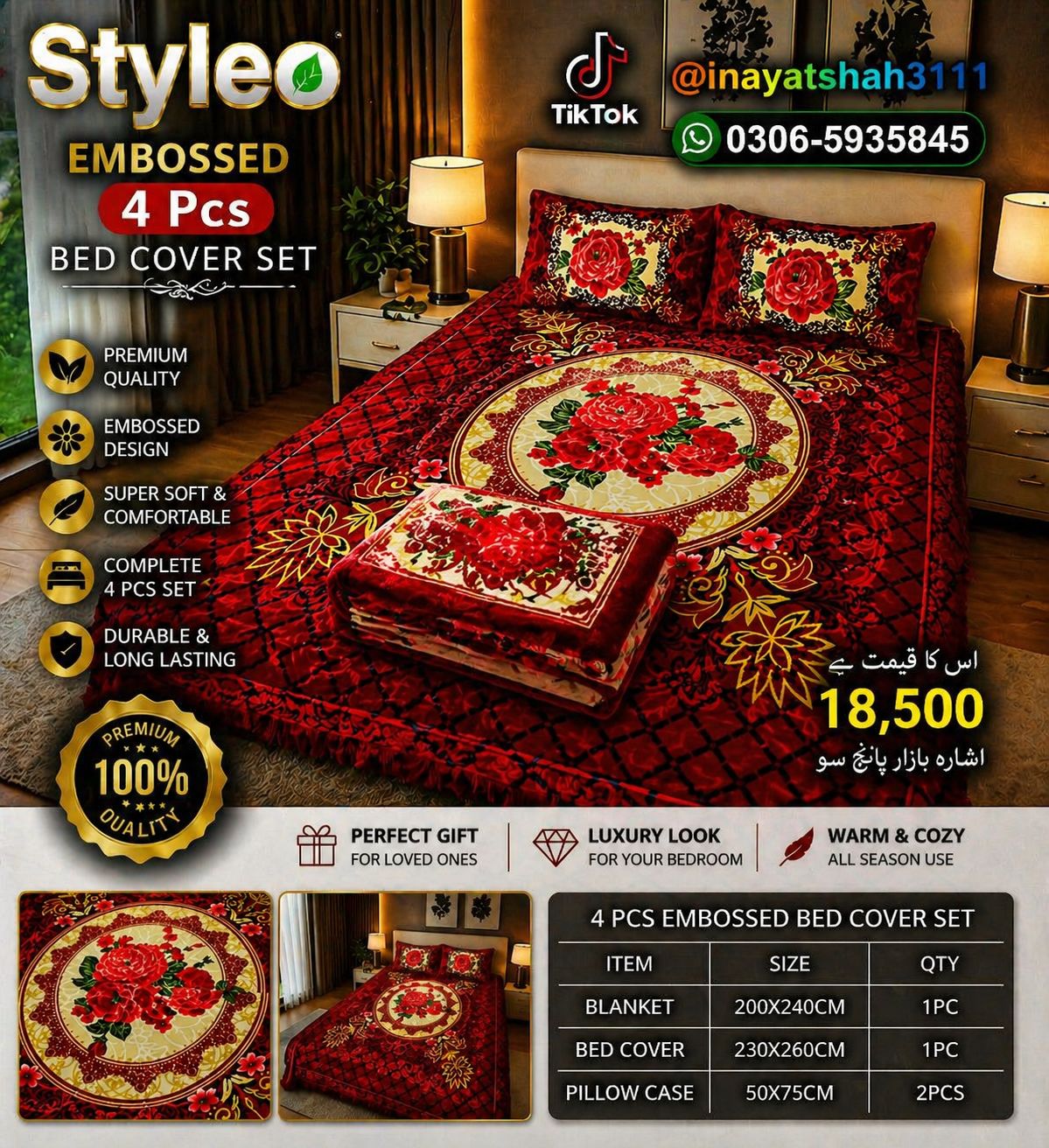 Styleo 4PCS Embossed Bed Cover Set – Luxury Grey Floral Velvet Bedding Set