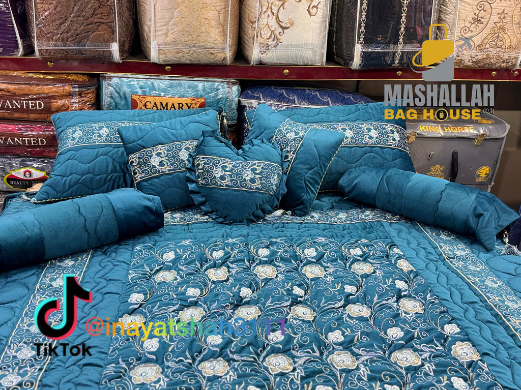 Luxury 9-Piece Embroidered Bedsheet & Quilted Razai Set – Imported Leather Cloth | Mashallah Kambal House