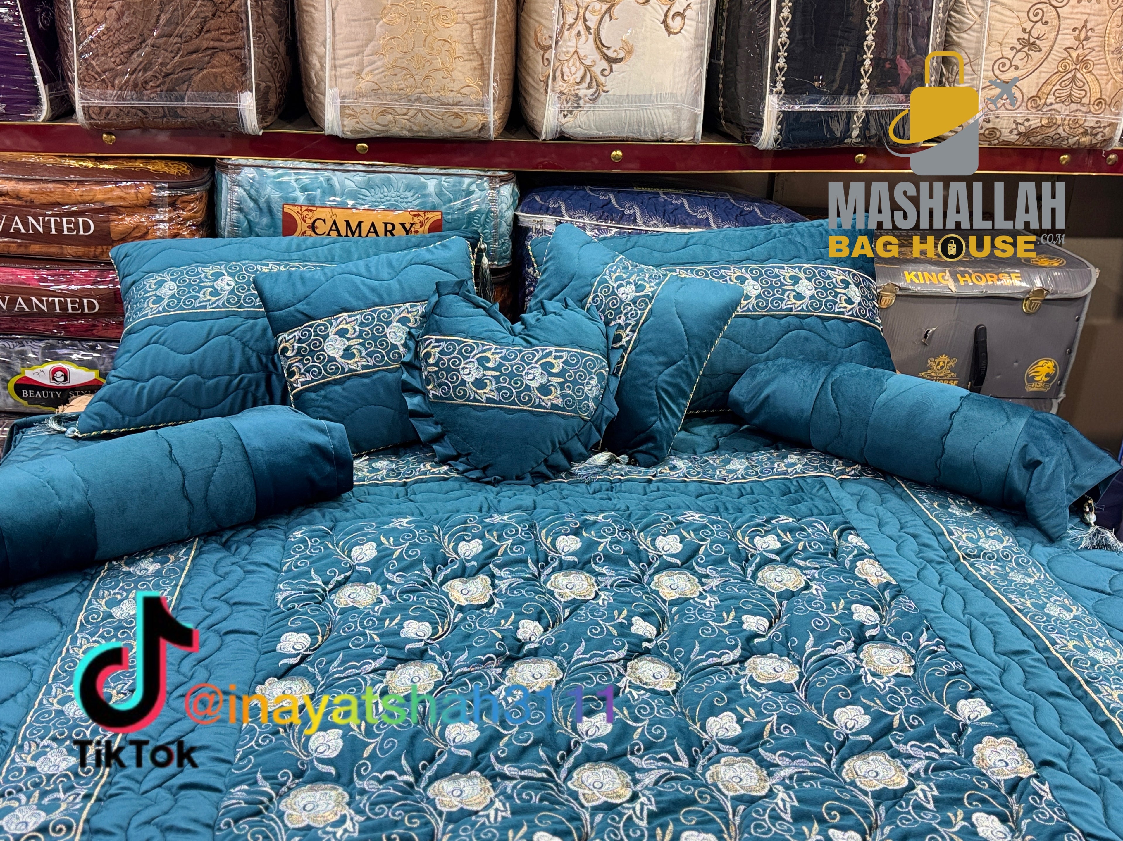 Luxury 9-Piece Embroidered Bedsheet & Quilted Razai Set – Imported Leather Cloth | Mashallah Kambal House