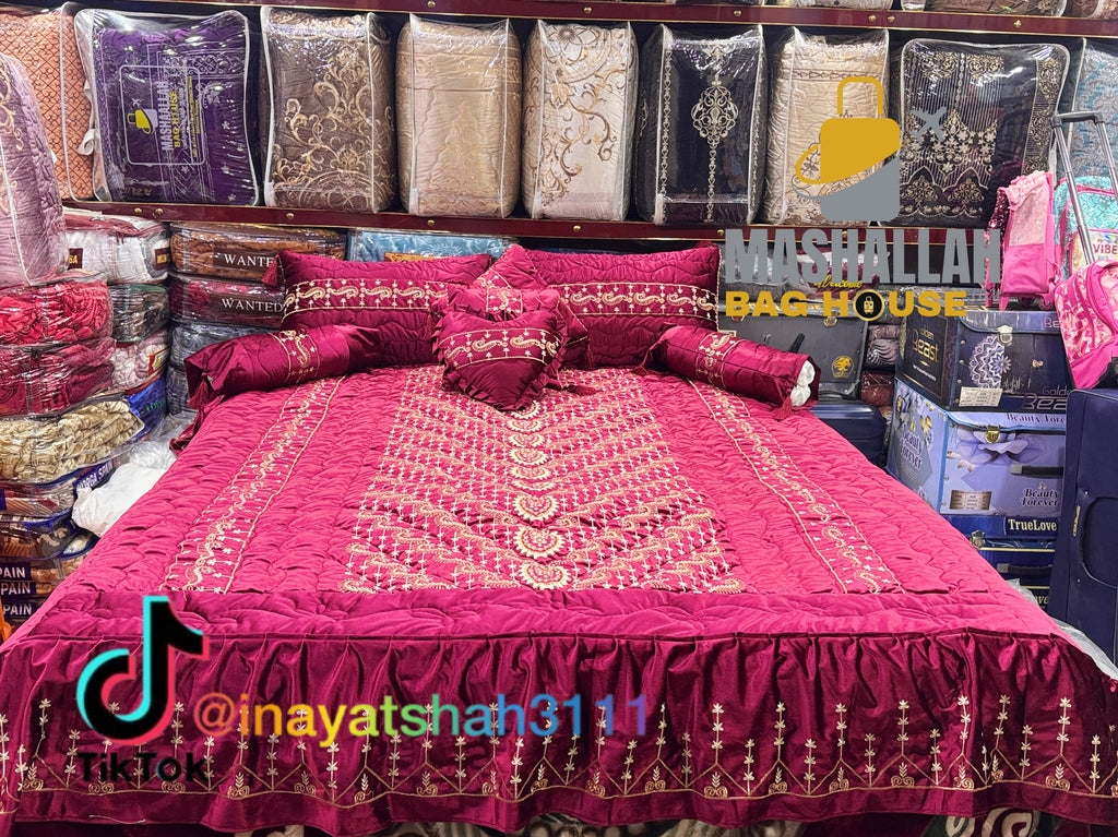 Luxury Bridal 9-Piece Embroidered Bedsheet & Quilted Razai Set –