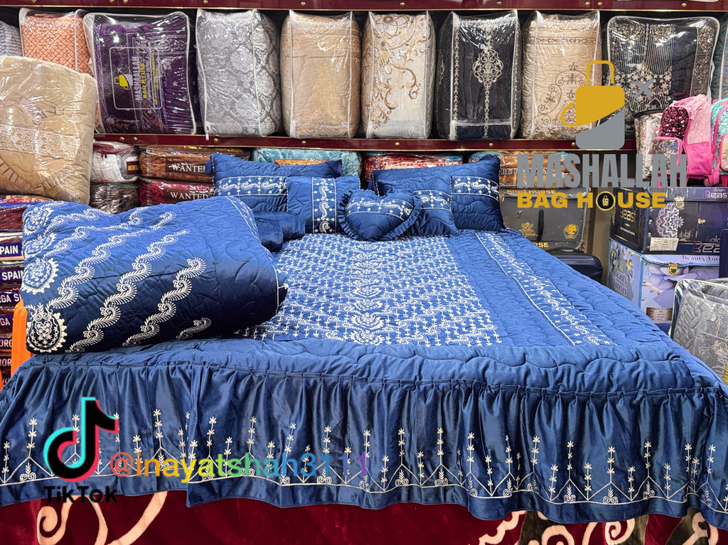 Bridal 9-Piece Embroidered Bedsheet & Razai Set – Imported Leather Cloth