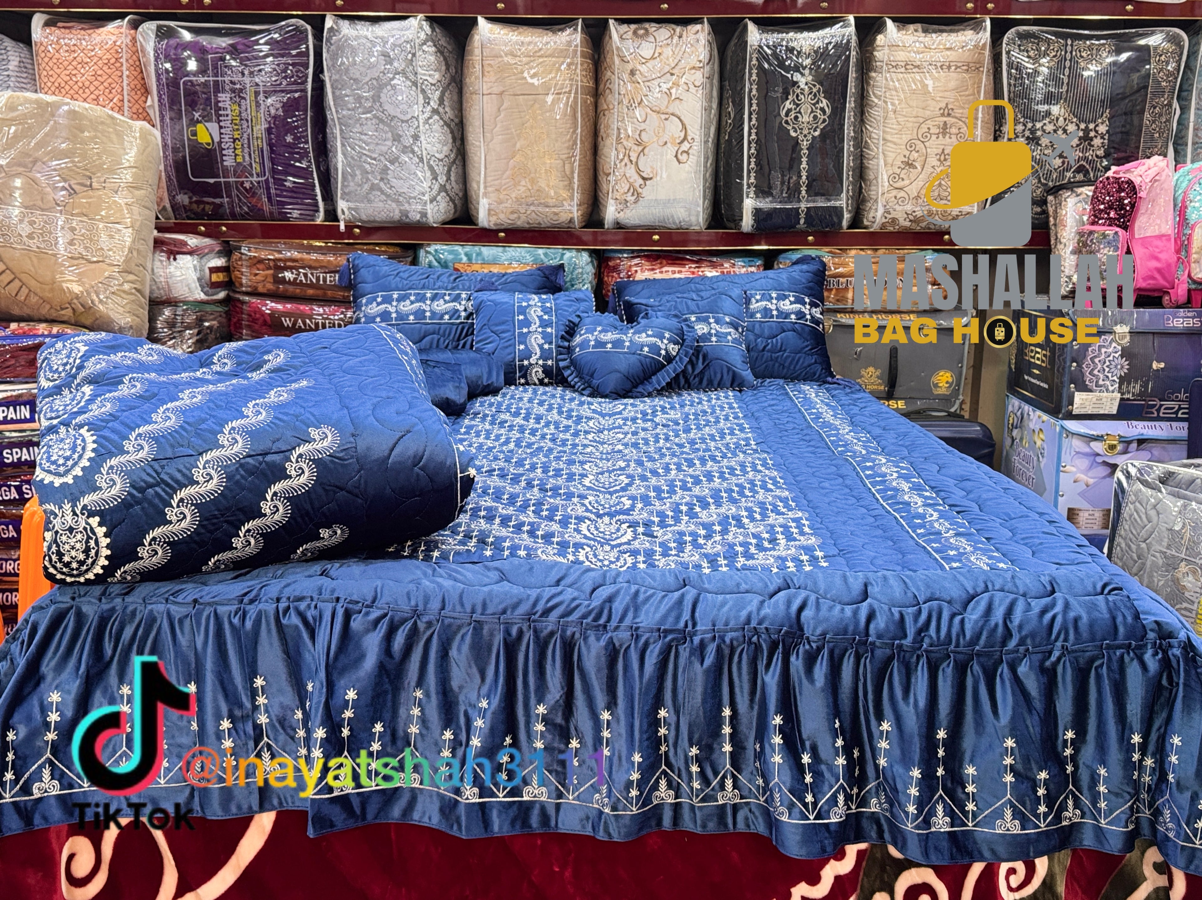 Bridal 9-Piece Embroidered Bedsheet & Razai Set – Imported Leather Cloth