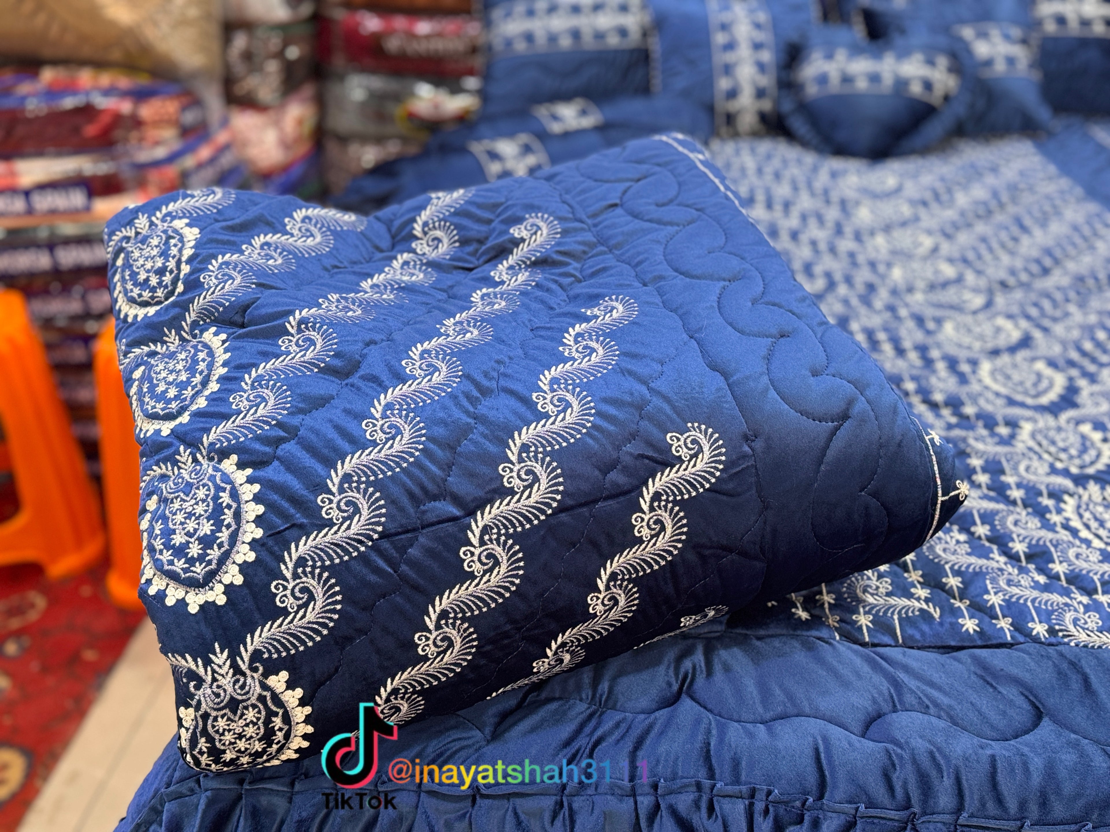 Bridal 9-Piece Embroidered Bedsheet & Razai Set – Imported Leather Cloth