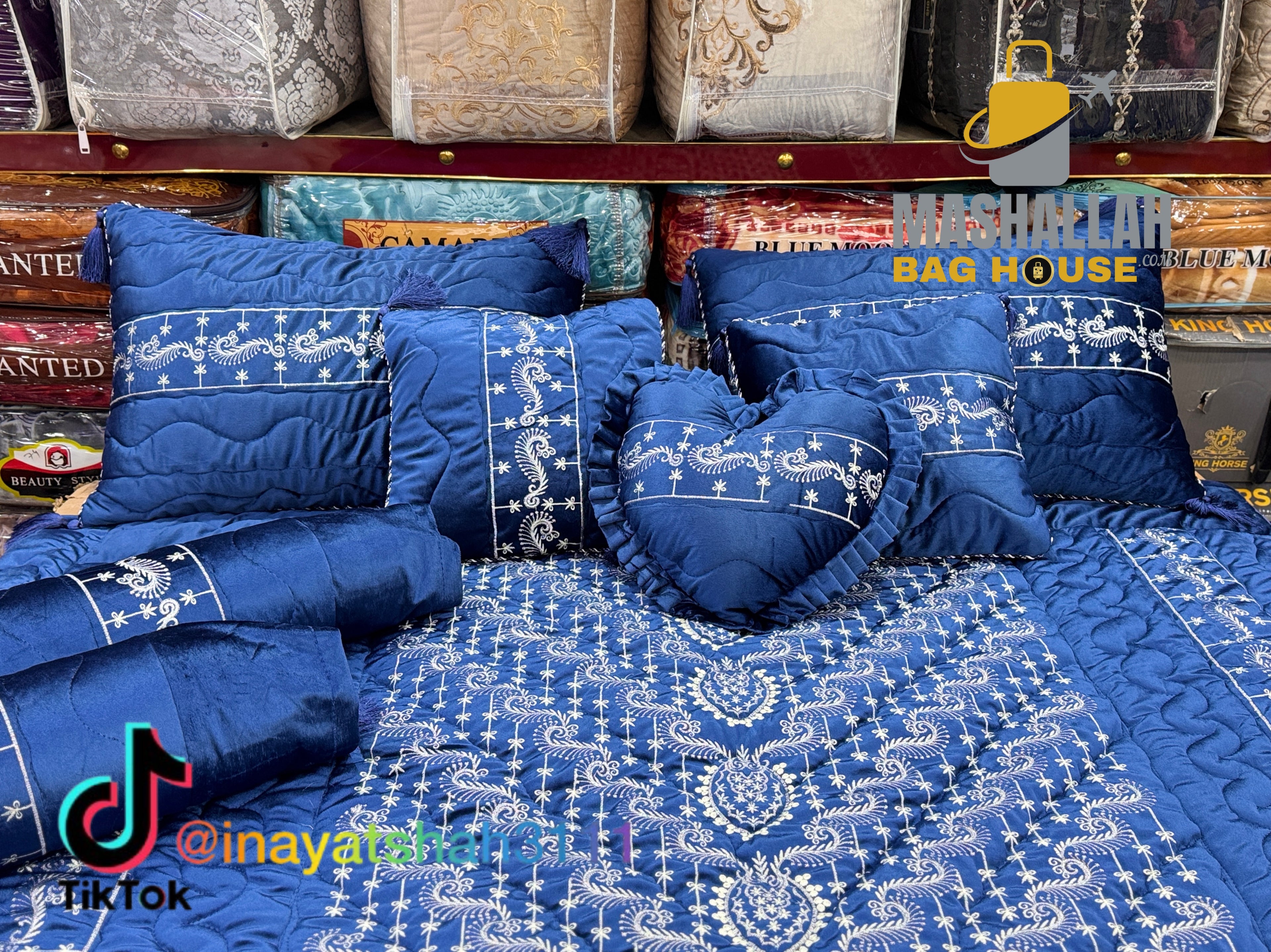 Bridal 9-Piece Embroidered Bedsheet & Razai Set – Imported Leather Cloth