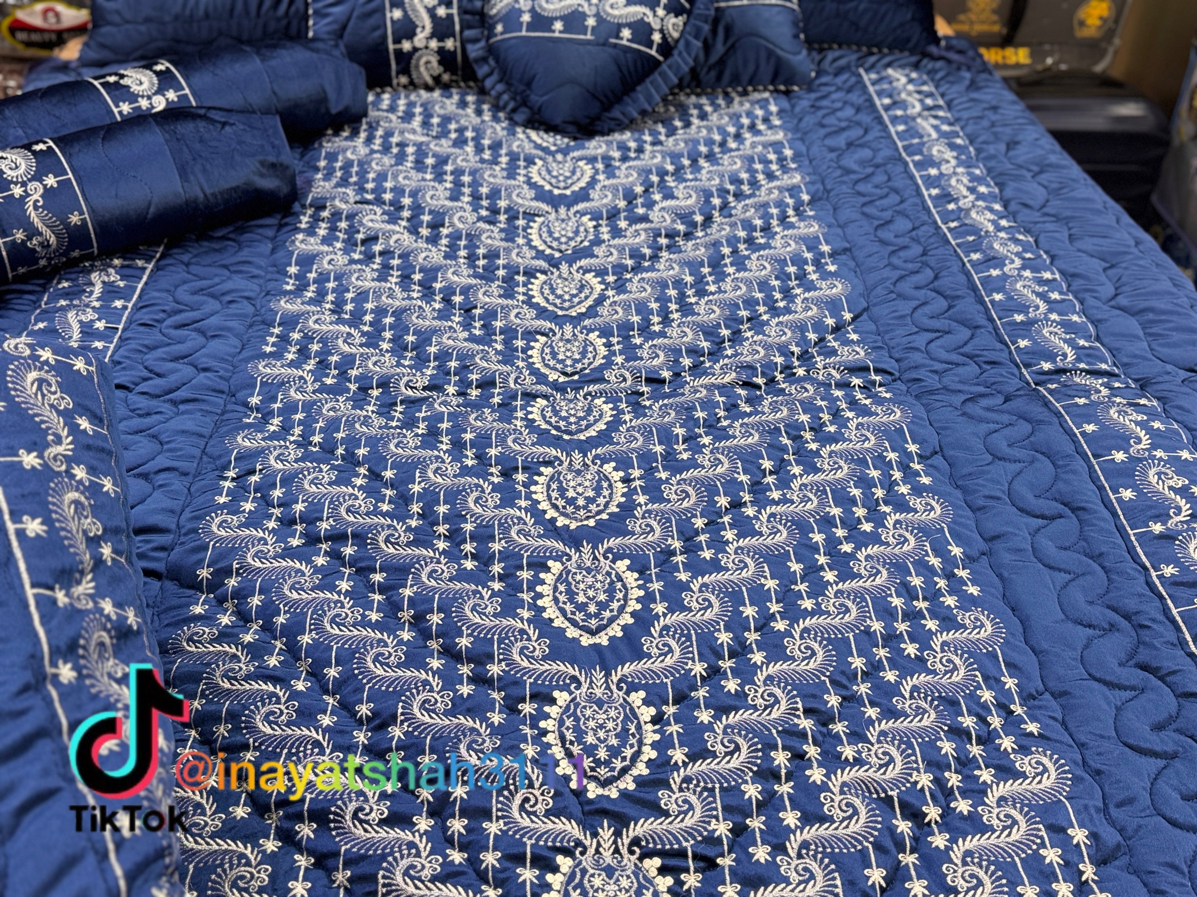 Bridal 9-Piece Embroidered Bedsheet & Razai Set – Imported Leather Cloth