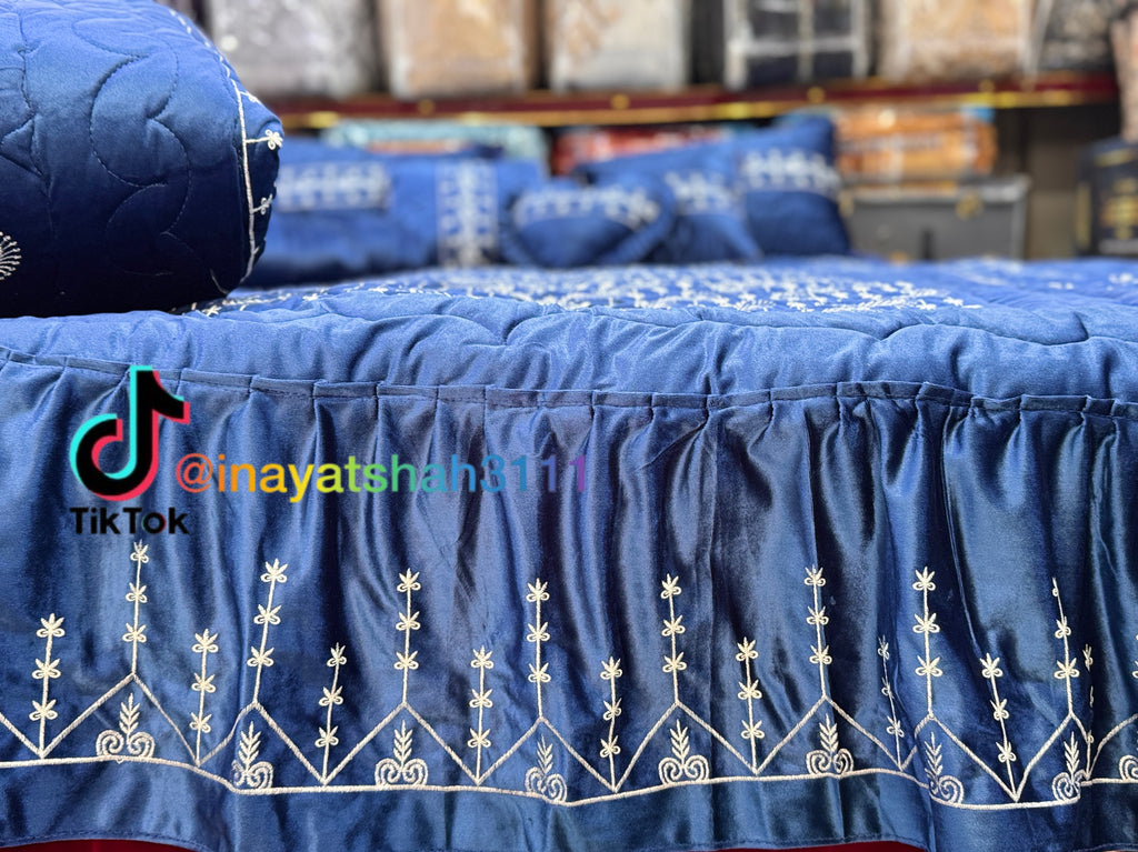 Bridal 9-Piece Embroidered Bedsheet & Razai Set – Imported Leather Cloth
