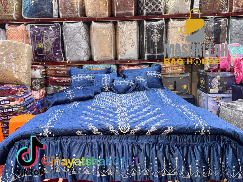 Bridal 9-Piece Embroidered Bedsheet & Razai Set – Imported Leather Cloth