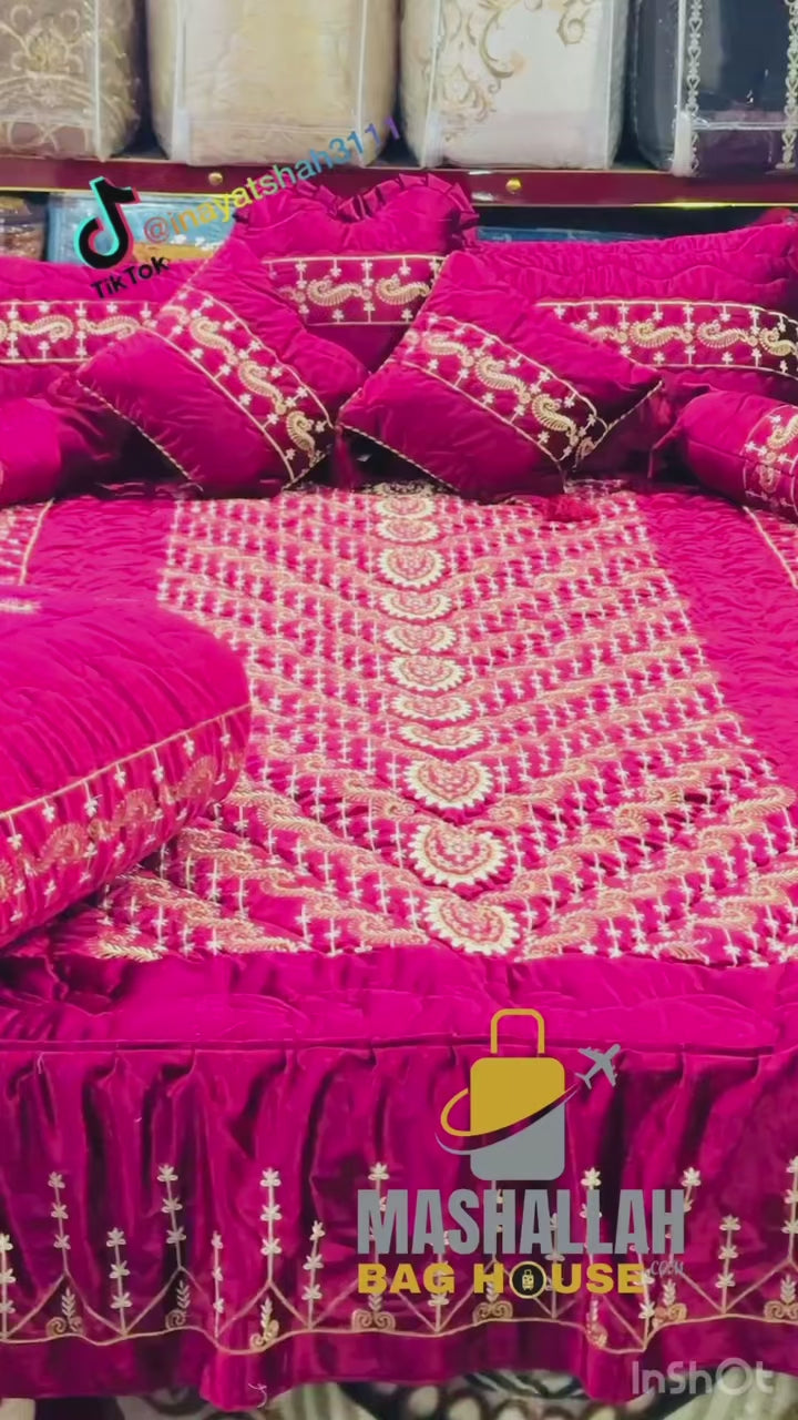 Luxury Bridal 9-Piece Embroidered Bedsheet & Quilted Razai Set –